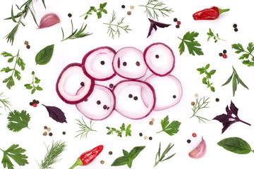 onions, garlic, hot pepper and spices isolated on white background. Top view