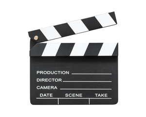 Film slate board or cinema clapperboard with take, action, scence blank copyspace isolated on white background with clipping path for cinema movie production and video camera director