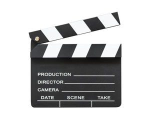 Obraz premium Film slate board or cinema clapperboard with take, action, scence blank copyspace isolated on white background with clipping path for cinema movie production and video camera director