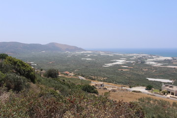 Fototapeta na wymiar Panoramic view of beautiful Mediterranean sea and Falassarna Beach, taken from the top of the hill in western part of Crete island in Greece.