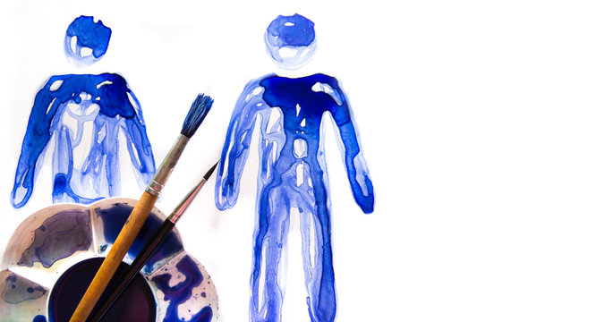 Abstract people made of watercolour  palette and artist brushes