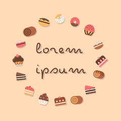 Cakes, muffins and all yummy. Flat vector.