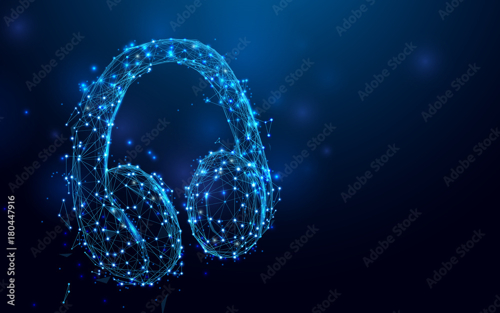 Aufkleber headphone from lines and triangles, point connecting network on blue background. illustration vector