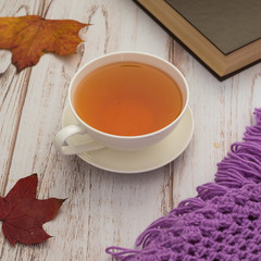 Tea Cup, book, maple leaves and plaid