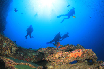 
Scuba diving on coral reef with fish