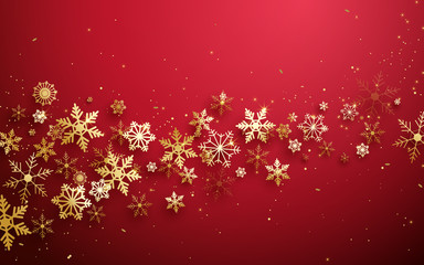 Obraz na płótnie Canvas Merry Christmas and Happy new year. Abstract gold snowflakes on red background