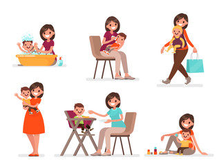 Set of mom and baby. Mother feeds, bathes and plays with the child. Vector illustration in a flat style