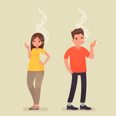 Smoking people. Man and woman with a cigarette on isolated background. Vector illustration in a flat style
