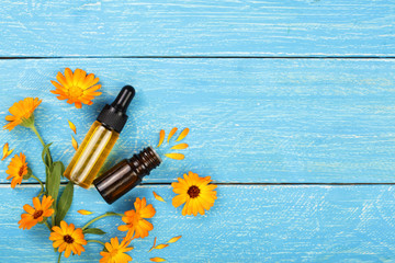 aromatherapy essential oil with marigold flowers on blue background with copy space for your text. Top view
