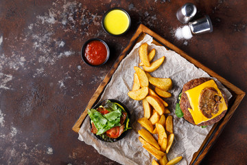 Take away burger menu on wooden tray top view
