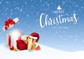 Merry Christmas vector banner text and New Year gift box. background. with beautiful confetti various gold snowflakes,