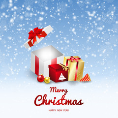 Merry Christmas vector banner text and New Year gift box. background. with beautiful confetti various gold snowflakes,