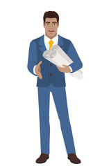 Businessman holding the project plans and gives a hand for a handshake