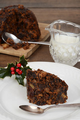 closeup slice christmas pudding