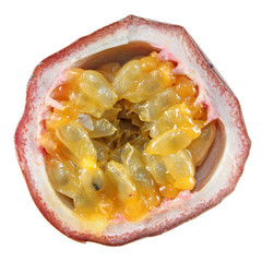 Passion fruit (maracuya) cut in half inside cross section isolated on white background