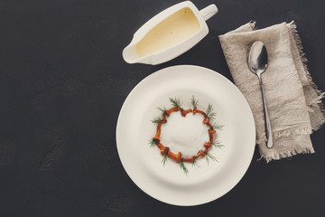Delicious cream soup with honey fungus top view