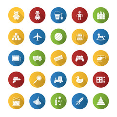 Kids toys flat design long shadow glyph icons set