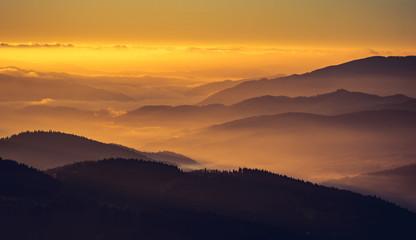 Misty mountain landscape in the morning, Poland
