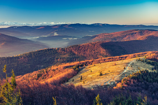 panorama over Gorce mountins to snowy Tatra mountains in the morning, Poland landscape