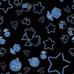 Seamless christmas pattern, vector illustration. New Year's symbols on a black background. Perfect for wallpaper, wrapping paper, pattern fills, winter greetings, web page background.