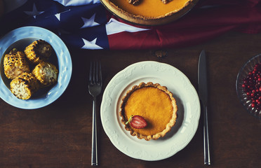 High angle view of table served for thanksgiving dinner with family