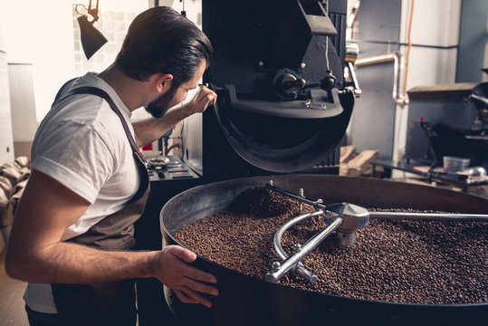 Side view happy bearded man checking preparing coffee grains in special equipment. Industry concept
