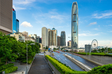 Fototapeta na wymiar Road to modern building office at Central Business District in Hongkong city, Hong Kong