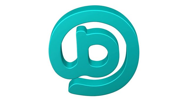 Turquoise e-mail symbol rotate on white background. Loopable. Luma matte. 3D rendering.
