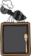 Ant chef with menu of restaurant and wooden spoon