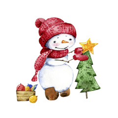 Isolated illustration of a snowman watercolor. Snowman in hat and scarf. Snowman dresses up a Christmas tree