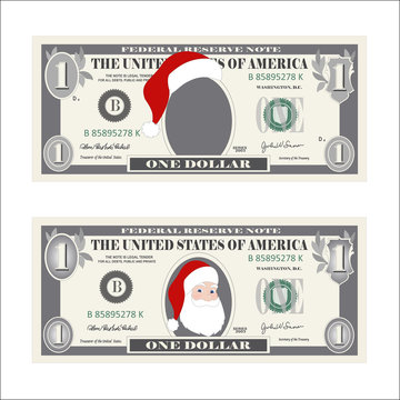 Design template one dollar bill with Santa Claus. 