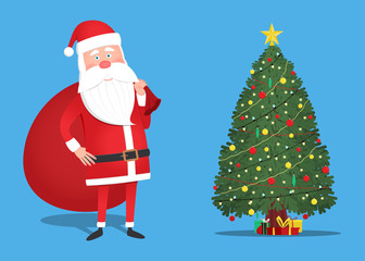 Santa Claus holding a bag. Christmas tree with gifts. Christmas greeting card, background or poster. Vector illustration