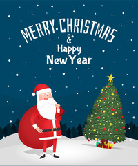Merry Christmas. Santa Claus holding a bag. Christmas greeting card, poster, banner. Vector illustration