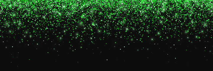 Green glitter on black background, falling particles, wide horizontal. Vector