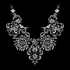 abstract white flower and bird embroidery artwork design for neckline clothing, isolated vector on black background
