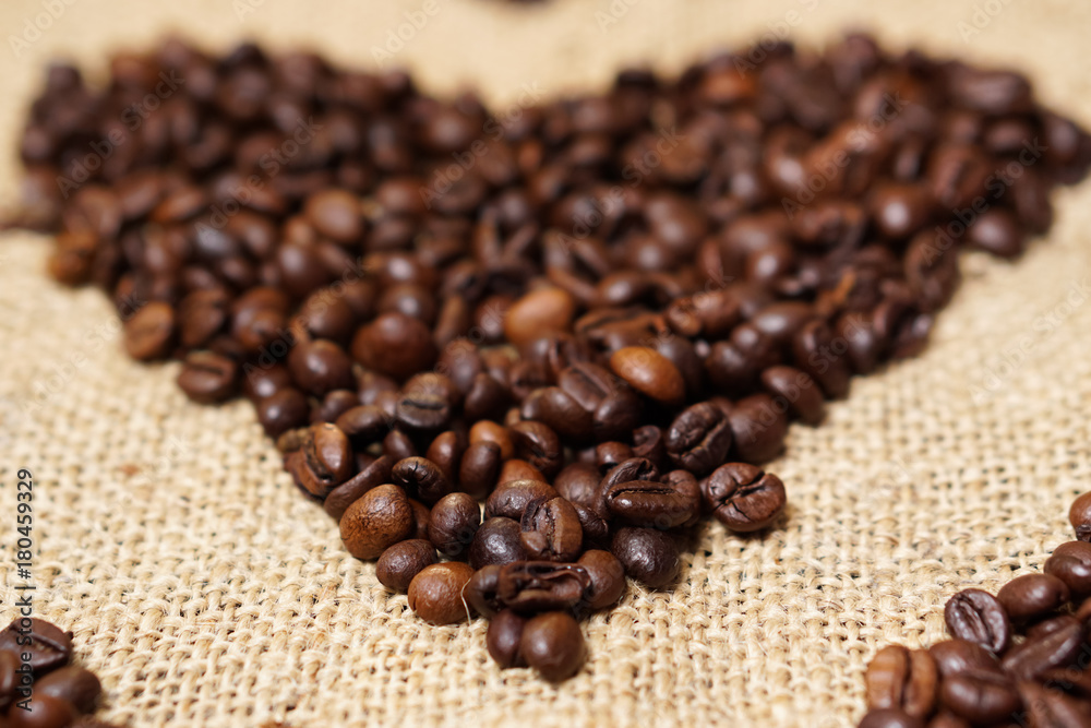 Sticker Love heart made of coffee beans on sackcloth