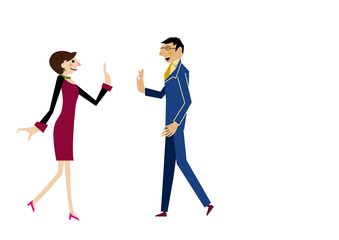 オフィスで会話する男女。ビジネスシーン。