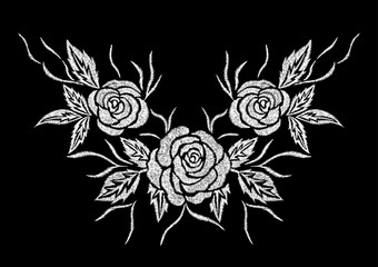 abstract white rose flower embroidery artwork design for neckline clothing, vector on black background