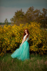 Obraz na płótnie Canvas beautiful young girl with red hair in a lavish dress walking in the nature with flowers