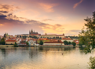 Prague Castle and the Vltava River at sunset, Prague, Czech Republic in autumn