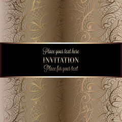 Baroque background with antique, luxury black and gold vintage frame, victorian banner, damask floral wallpaper ornaments, invitation card, baroque style booklet, fashion pattern, template for design