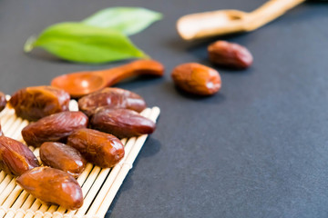 closeup sweet dried date palm fruits or kurma, ramadan (ramazan) food
