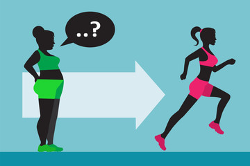 Fototapeta premium a fat woman wants to lose weight and looks at the construction of a woman who goes in for sports and runs