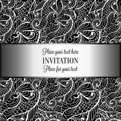 Baroque background with antique, luxury black and silver vintage frame, victorian banner, damask floral wallpaper ornaments, invitation card, baroque style booklet, fashion pattern,template for design