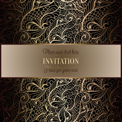 Baroque background with antique, luxury black and gold vintage frame, victorian banner, damask floral wallpaper ornaments, invitation card,  style booklet, fashion pattern, template for design