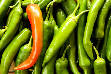 Green peppers on wood background