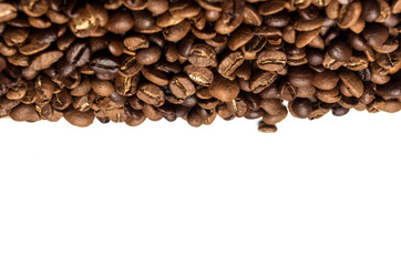 Roasted coffee beans isolated on white background, copy space