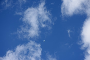 青空と雲と飛行機「雲の風景」（夢を追う、見送る、成功、未来へ羽ばたくなどのイメージ）