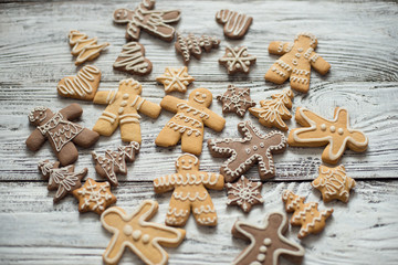 christmas cookie and candy on wood, food top view