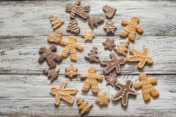 christmas cookie and candy on wood, food top view